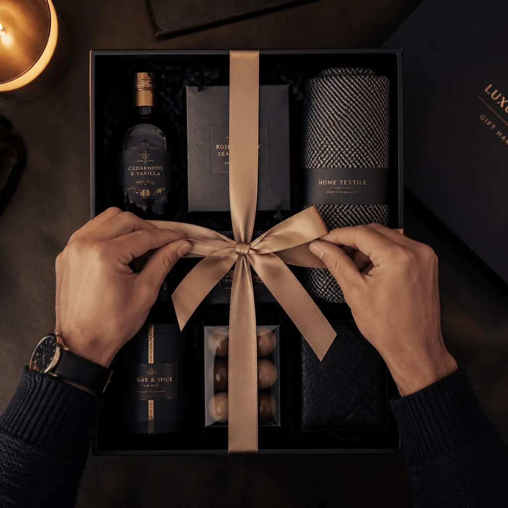 Two hands tying a gold satin bow across a filled gift box, seen from above.