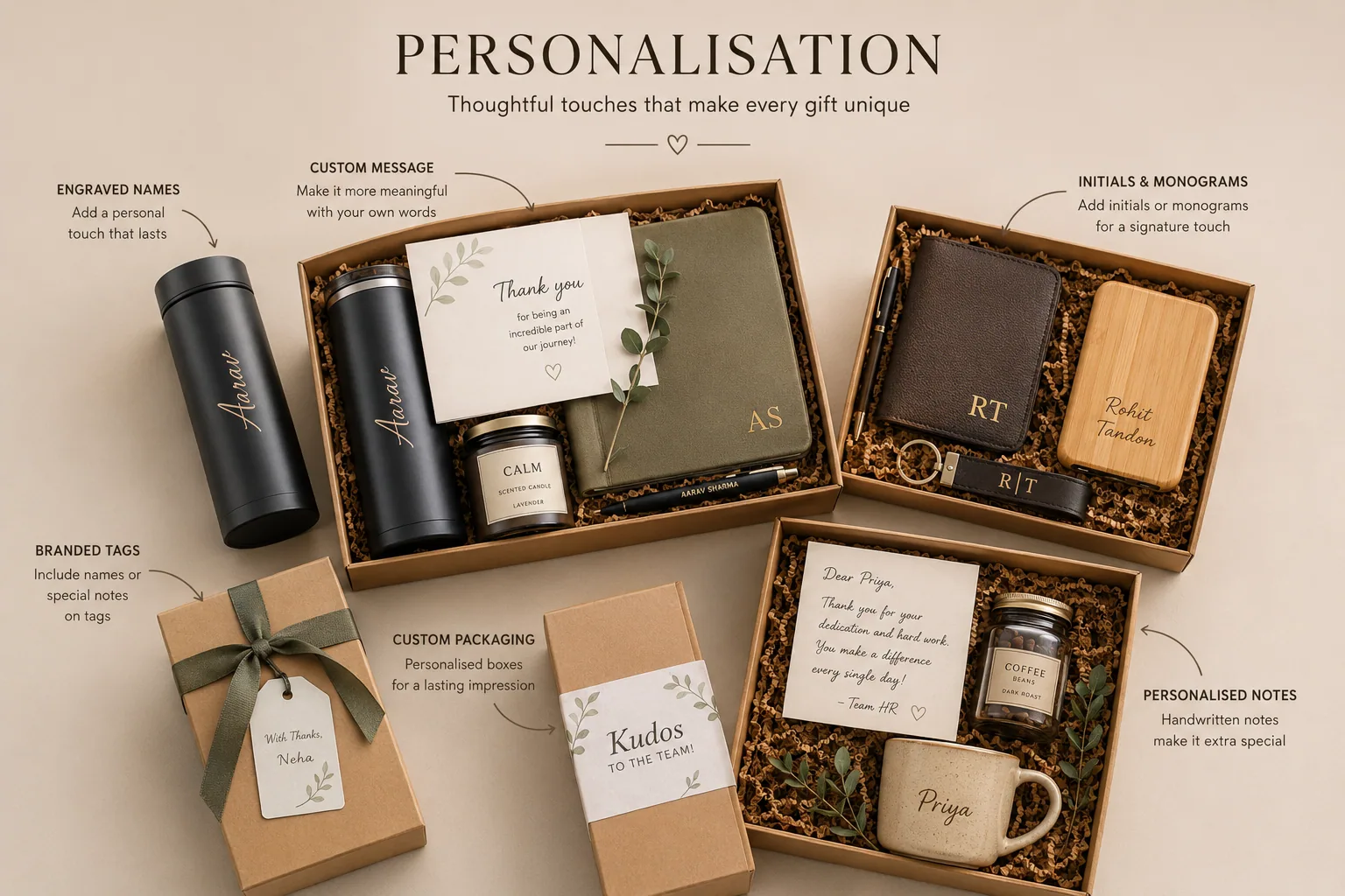 Gift boxes laid out with the ways they can be personalised: engraved names, monograms, handwritten notes and branded tags.